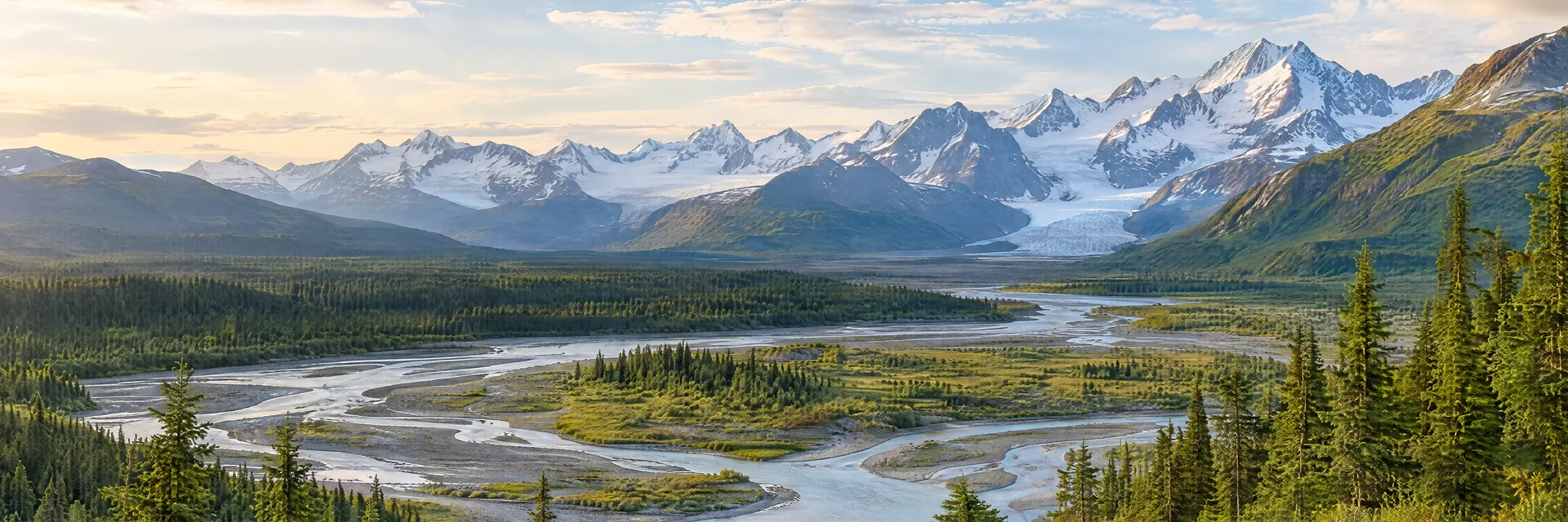 Illustration of representative natural scenery in Alaska: wide glacial valley, spruce forest, braided river and rugged distant snow-covered mountains.