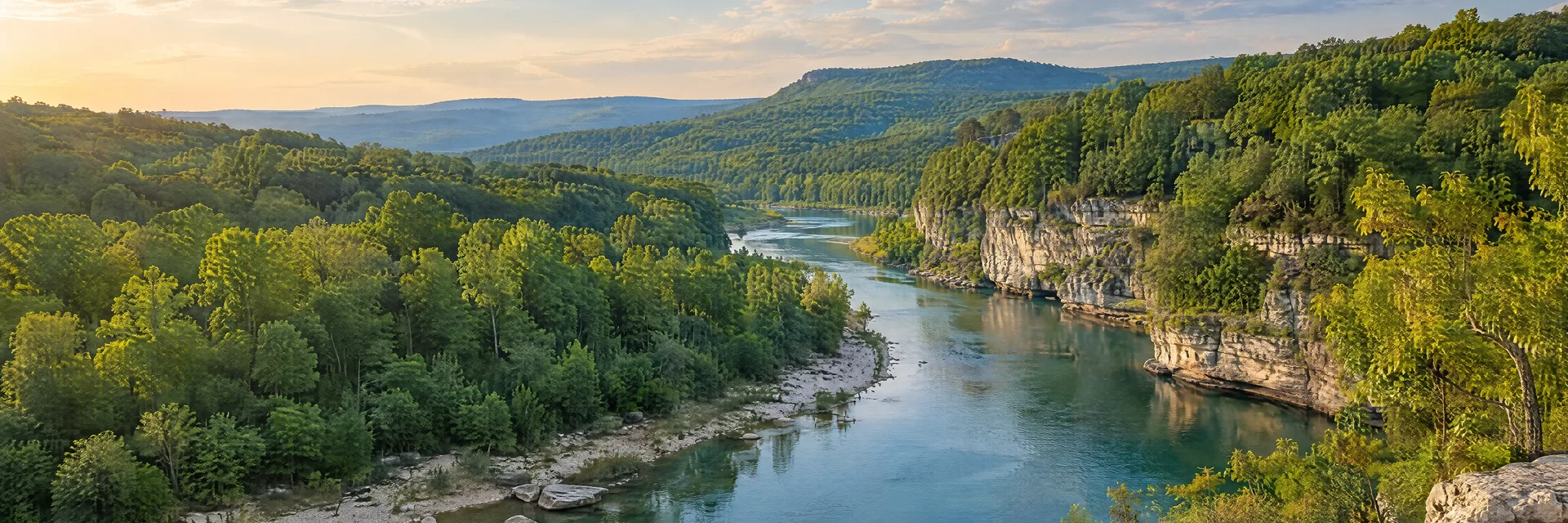 Illustration of representative natural scenery in Arkansas: ozark wooded hills, clear river, limestone banks and green hardwood forest.