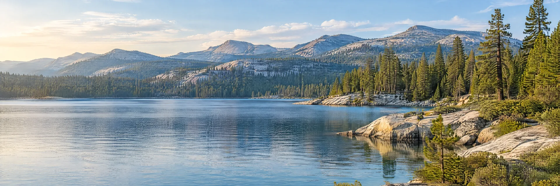 Illustration of representative natural scenery in California: sierra foothill lake, pale granite shoreline, pines and distant rounded mountain ridges.