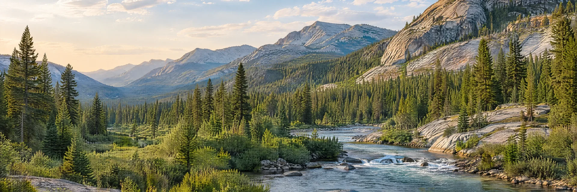 Illustration of representative natural scenery in Idaho: pine-covered mountain valley, clear flowing river and rounded granite slopes.