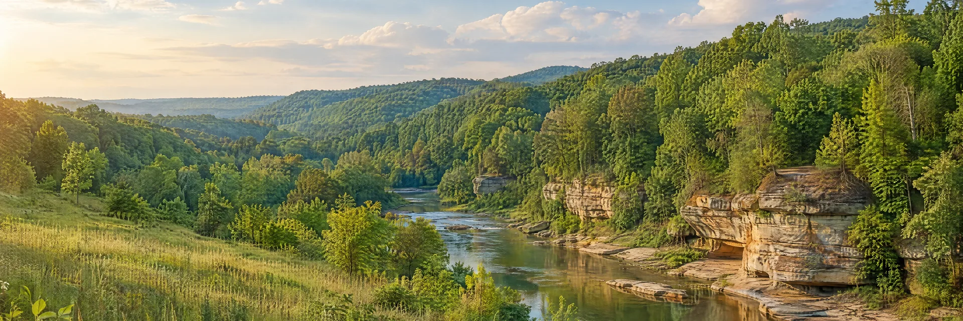 Illustration of representative natural scenery in Indiana: rolling hardwood forest, sandstone creek banks and soft green meadow.