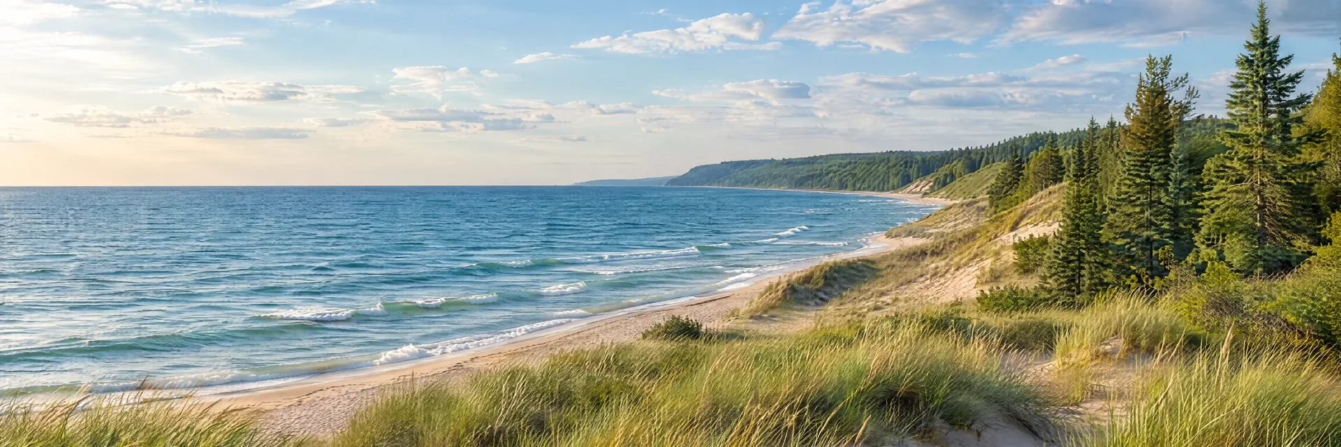 Illustration of representative natural scenery in Michigan: great Lakes sandy shoreline, freshwater dunes, beach grass and evergreen woods.