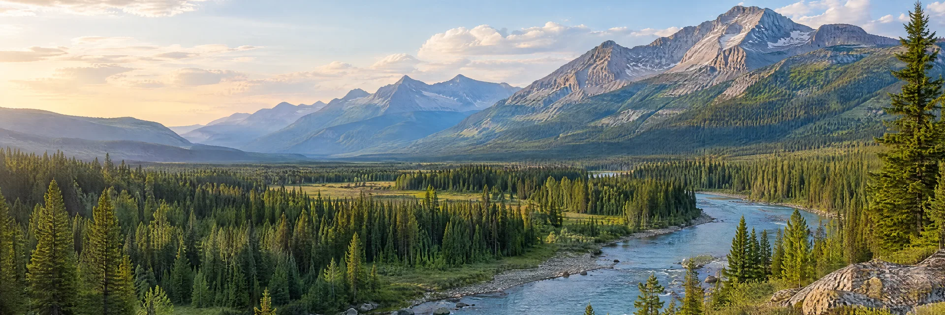 Illustration of representative natural scenery in Montana: broad mountain valley, pine forest, clear river and distant rocky ridges.