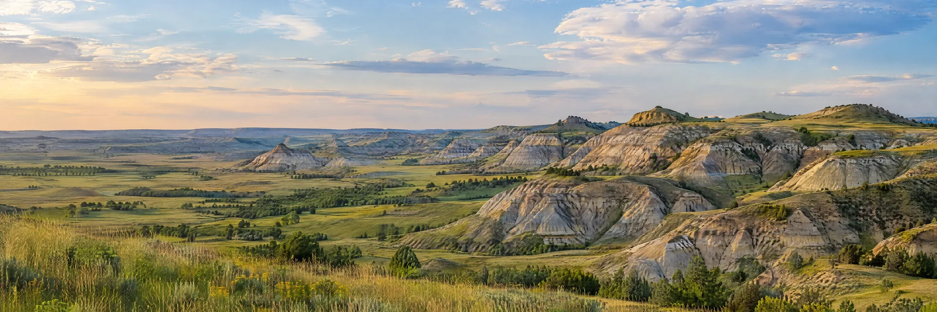 Illustration of representative natural scenery in North Dakota: open prairie grassland, eroded pale badlands, rolling hills and broad sky.