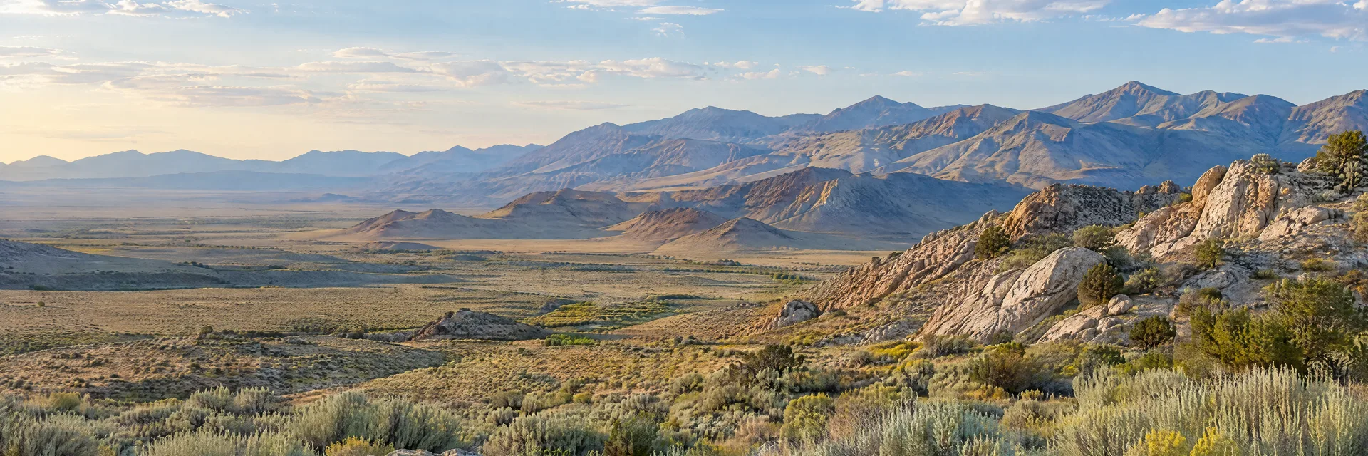 Illustration of representative natural scenery in Nevada: high desert basin, sagebrush, pale rocky foothills and distant arid ridges.