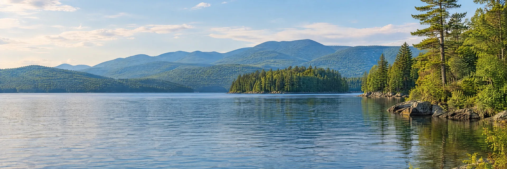 Illustration of representative natural scenery in New York: adirondack freshwater lake, pine and hardwood shoreline and rounded mountain ridges.