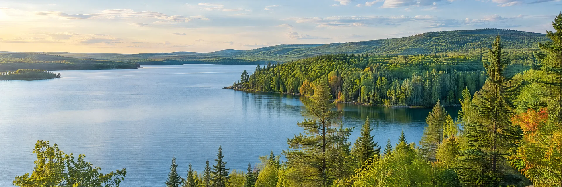 Illustration of representative natural scenery in Wisconsin: freshwater lake, mixed pine and maple forest and gently rolling green hills.