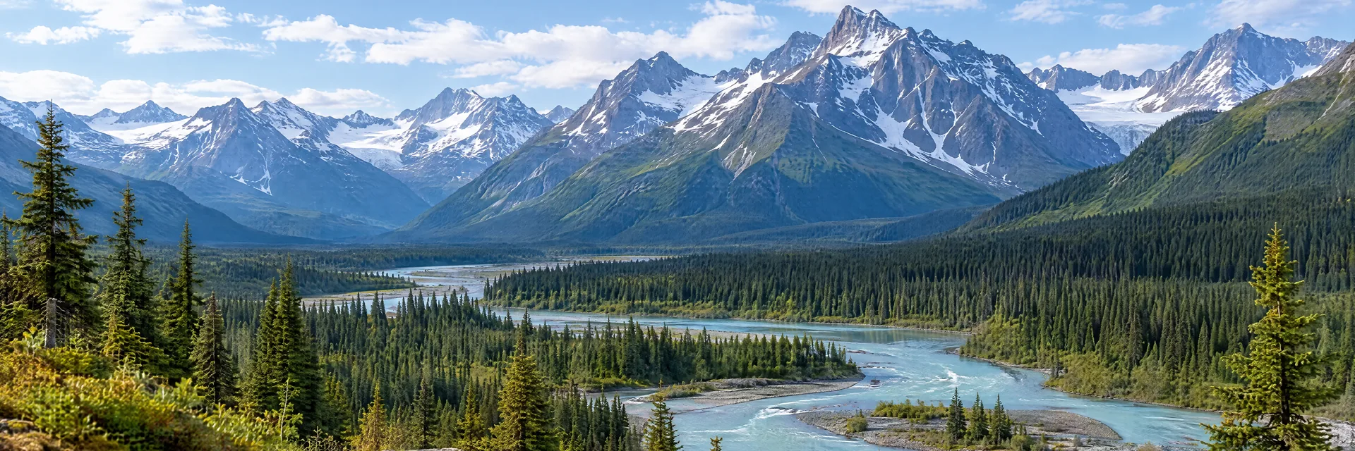 AI-generated illustration inspired by Alaska: Alaskan mountain valley, glacial blue river and spruce forest below rugged snow-streaked mountain peaks.