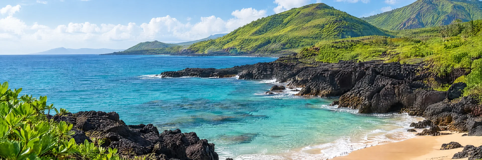 AI-generated illustration inspired by Hawaii: Hawaiian volcanic coast, black lava rocks beside a small sandy cove, turquoise Pacific water and lush green rounded volcanic hills.