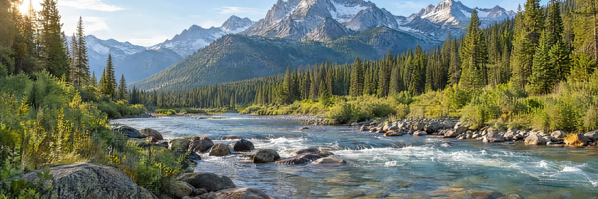 AI-generated illustration inspired by Idaho: Rocky mountain river valley, clear flowing water over rounded stones, pine forest and distant rugged mountain peaks.