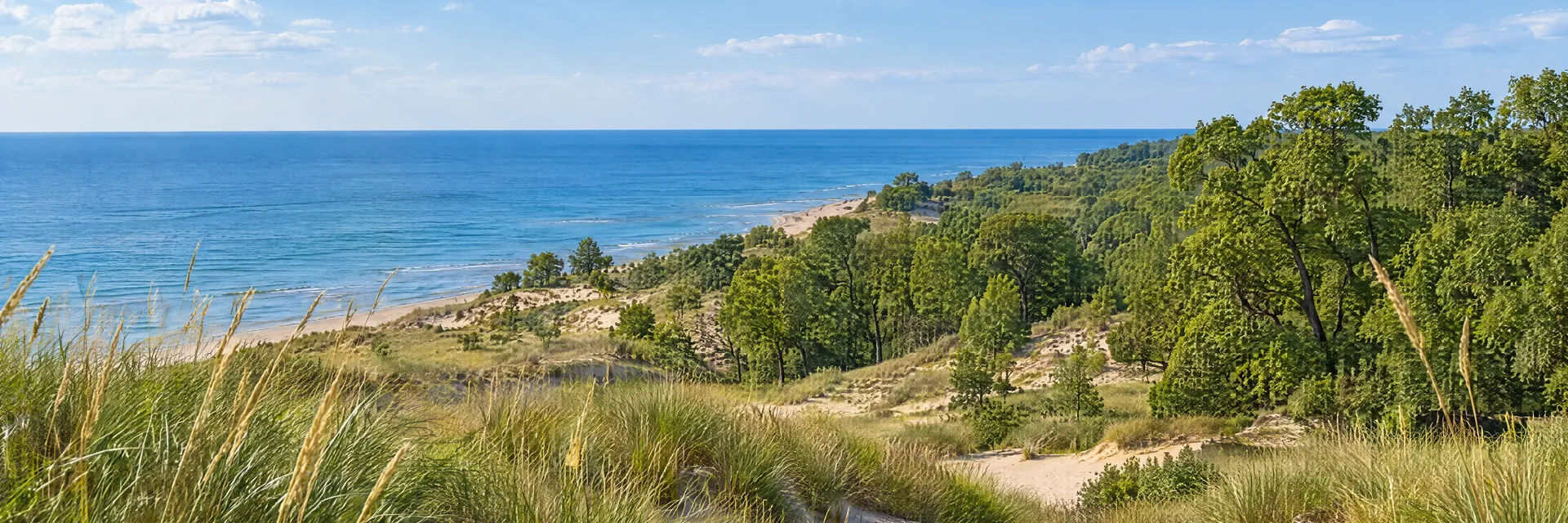 AI-generated illustration inspired by Indiana: Great Lakes dunes with beach grass, pale sand, a broad blue freshwater horizon and low oak woodland.