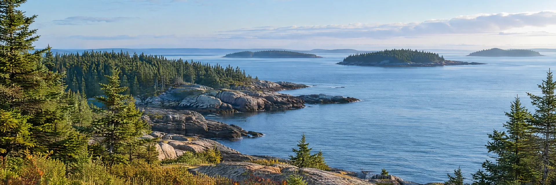 AI-generated illustration inspired by Maine: Rocky Atlantic coast, rounded granite ledges, spruce forest and calm blue sea with distant wooded islands.