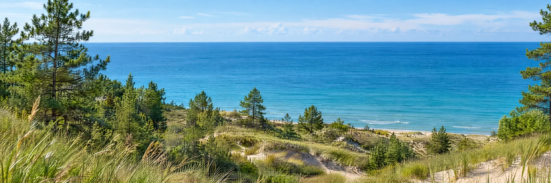 AI-generated illustration inspired by Michigan: Freshwater dunes overlooking a broad blue Great Lakes horizon, pale sand, beach grass, scattered pines.