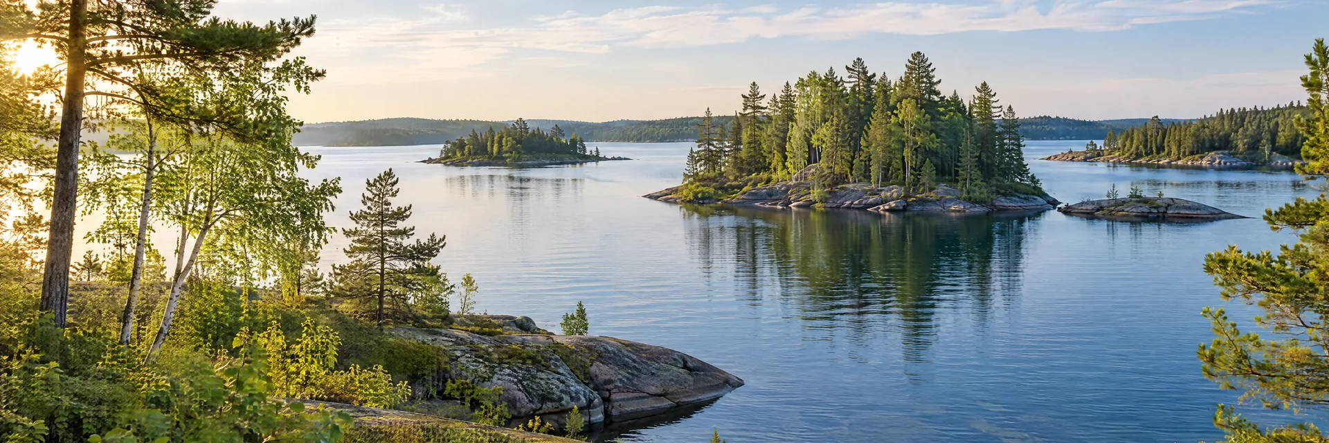 AI-generated illustration inspired by Minnesota: Northern lake country, quiet clear freshwater, low granite shoreline, pine and birch trees, small forested islands.