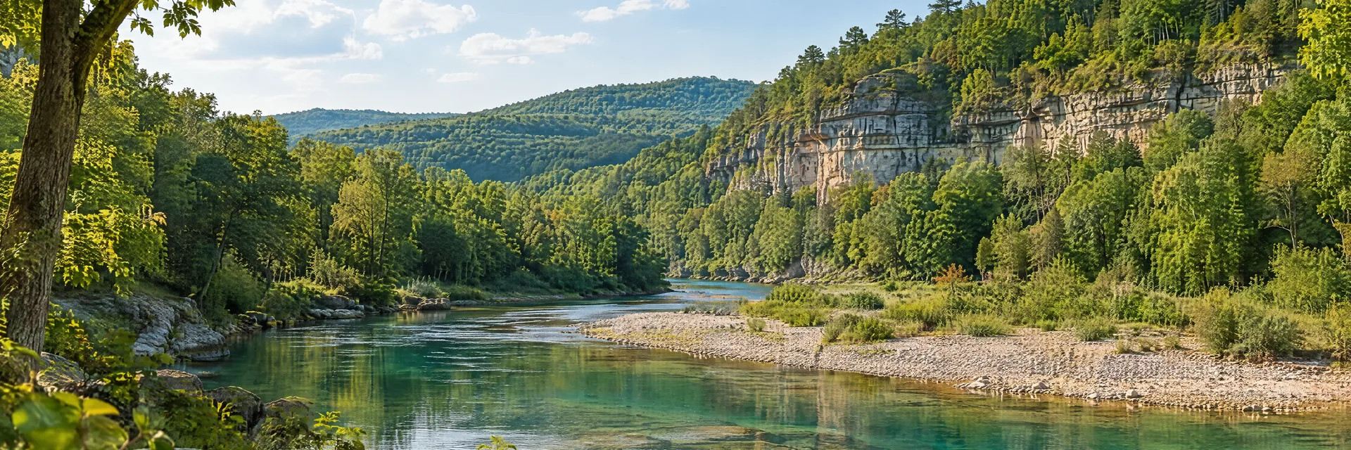 AI-generated illustration inspired by Missouri: Ozark hills with forested limestone bluffs above a clear spring-fed river, gravel bar and mixed hardwood forest.