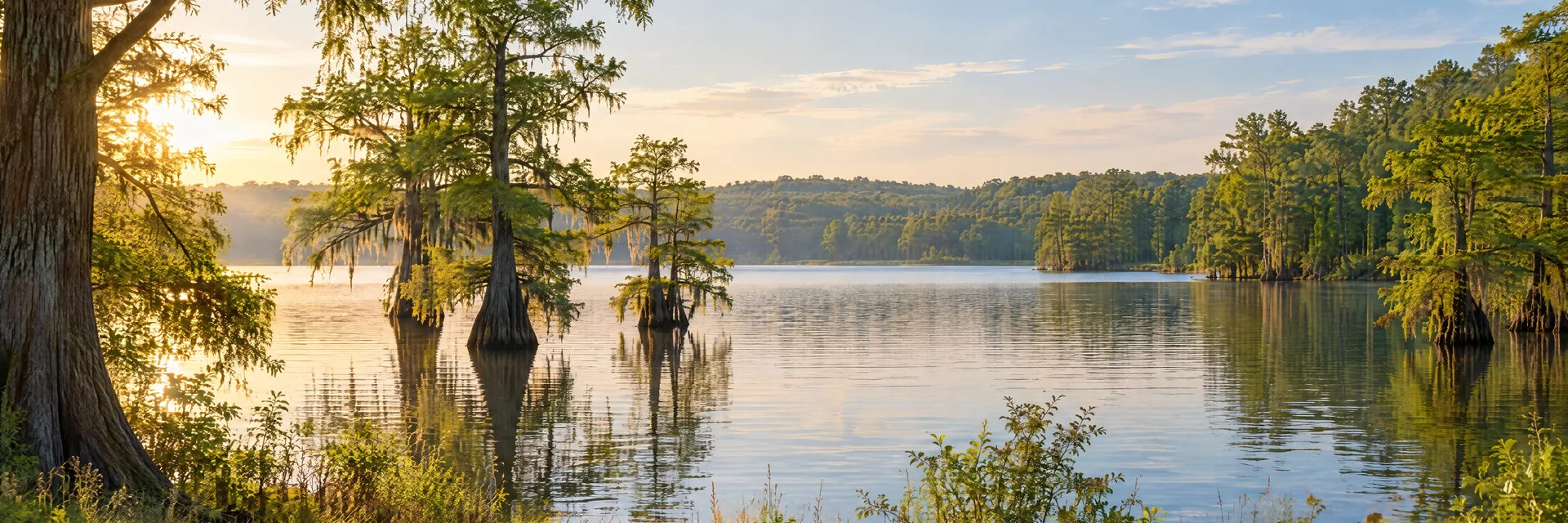 AI-generated illustration inspired by Mississippi: Mississippi wooded freshwater lake, cypress trees, warm green forest, grassy natural banks and low rolling terrain.