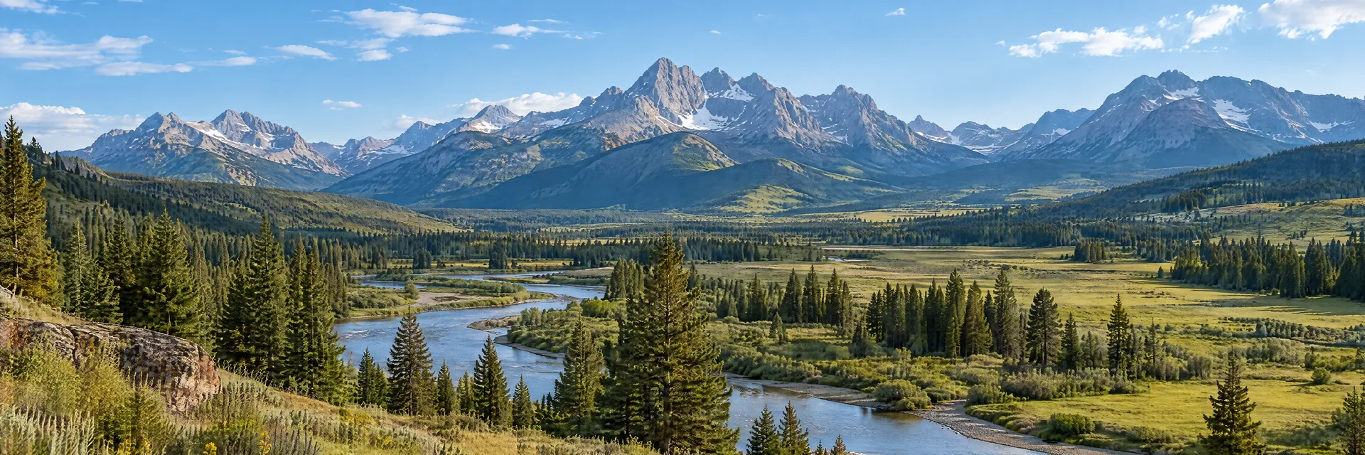 AI-generated illustration inspired by Montana: Big Sky mountain valley, broad grassy meadow and a winding river, conifers, distant rugged Rocky Mountain ridges.
