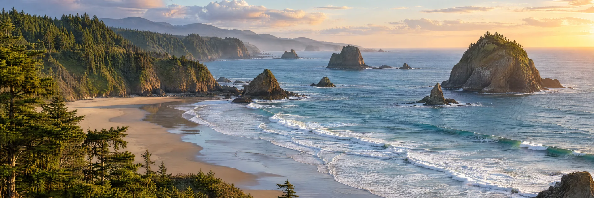 AI-generated illustration inspired by Oregon: Rugged Pacific coast with a broad sandy cove, evergreen headlands and offshore sea stacks, gentle surf.