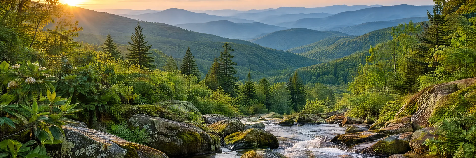 AI-generated illustration inspired by Tennessee: Rounded forested Appalachian ridges and a clear rocky stream flowing past mossy stones.