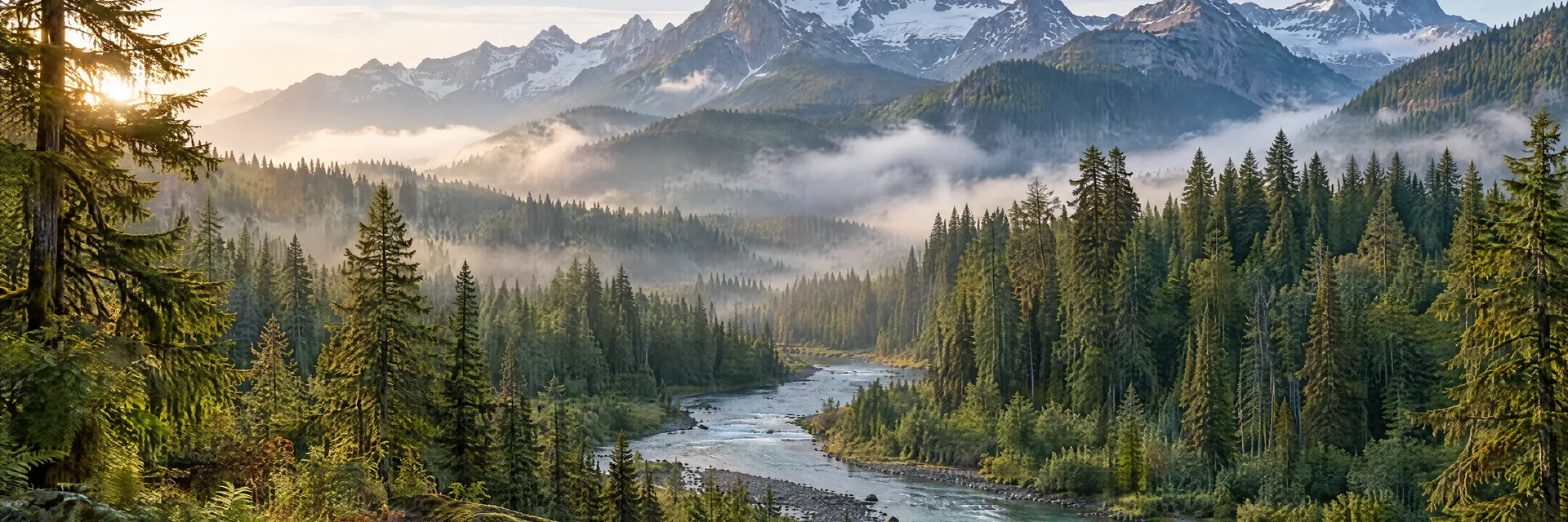 AI-generated illustration inspired by Washington: Pacific Northwest mountain valley, dense Douglas fir and cedar forest, a clear river winding through the valley, rugged distant Cascade ridges.