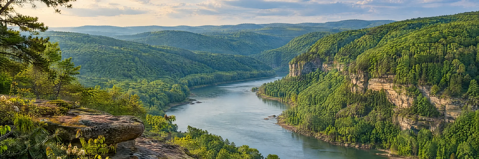 AI-generated illustration inspired by West Virginia: Appalachian river gorge with densely wooded rounded ridges, exposed sandstone ledges and a broad curving river below.